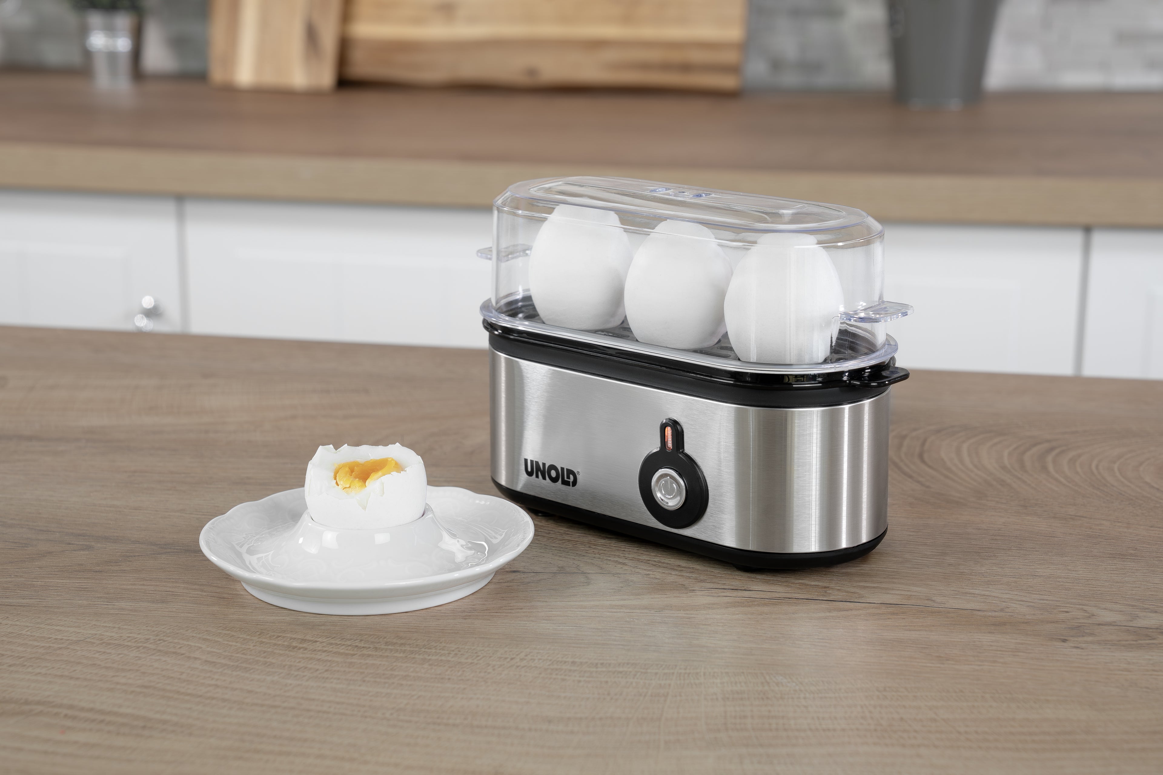 Unold Eierkocher Mini 38610 Edelstahl 1-3 Eier Messbecher BPA-frei