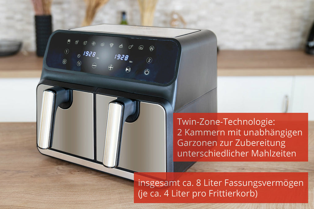 Unold Doppel-Heißluftfritteuse 58685 2 Kammern 8L Twin-Zone Airfryer BPA-frei