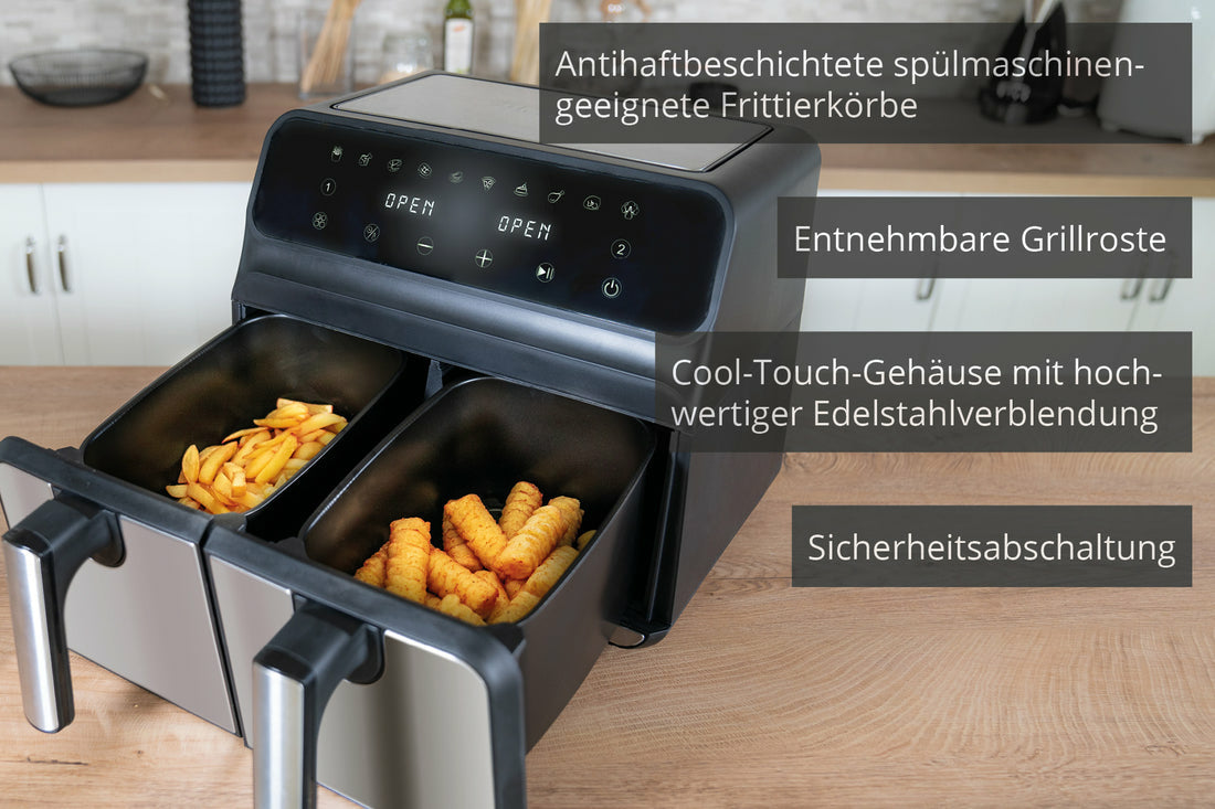 Unold Doppel-Heißluftfritteuse 58685 2 Kammern 8L Twin-Zone Airfryer BPA-frei