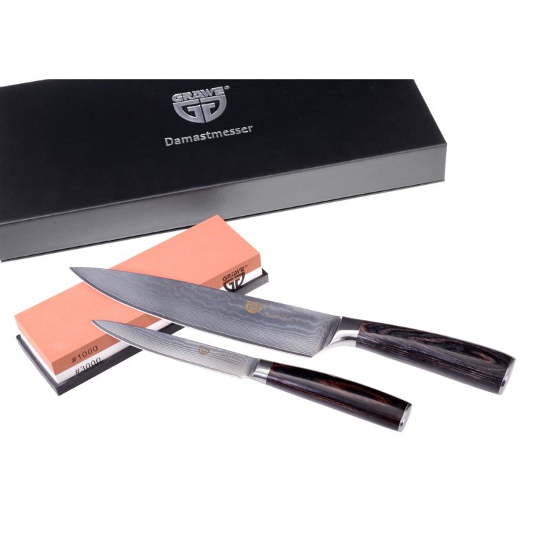 Gräwe Damastmesser Set mit Wetzstein 3 teilig für Hotelerie & Gastronomie