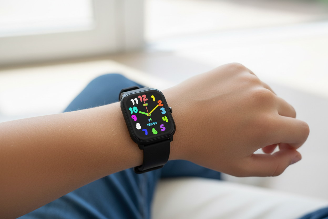 Denver SWK-120B Kinder-Smartwatch schwarz am Handgelenk eines Teenagers