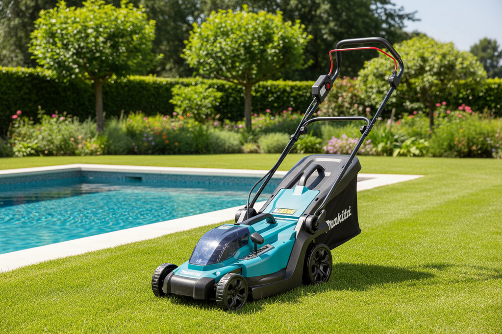 Makita DLM330Z neben Pool im Garten