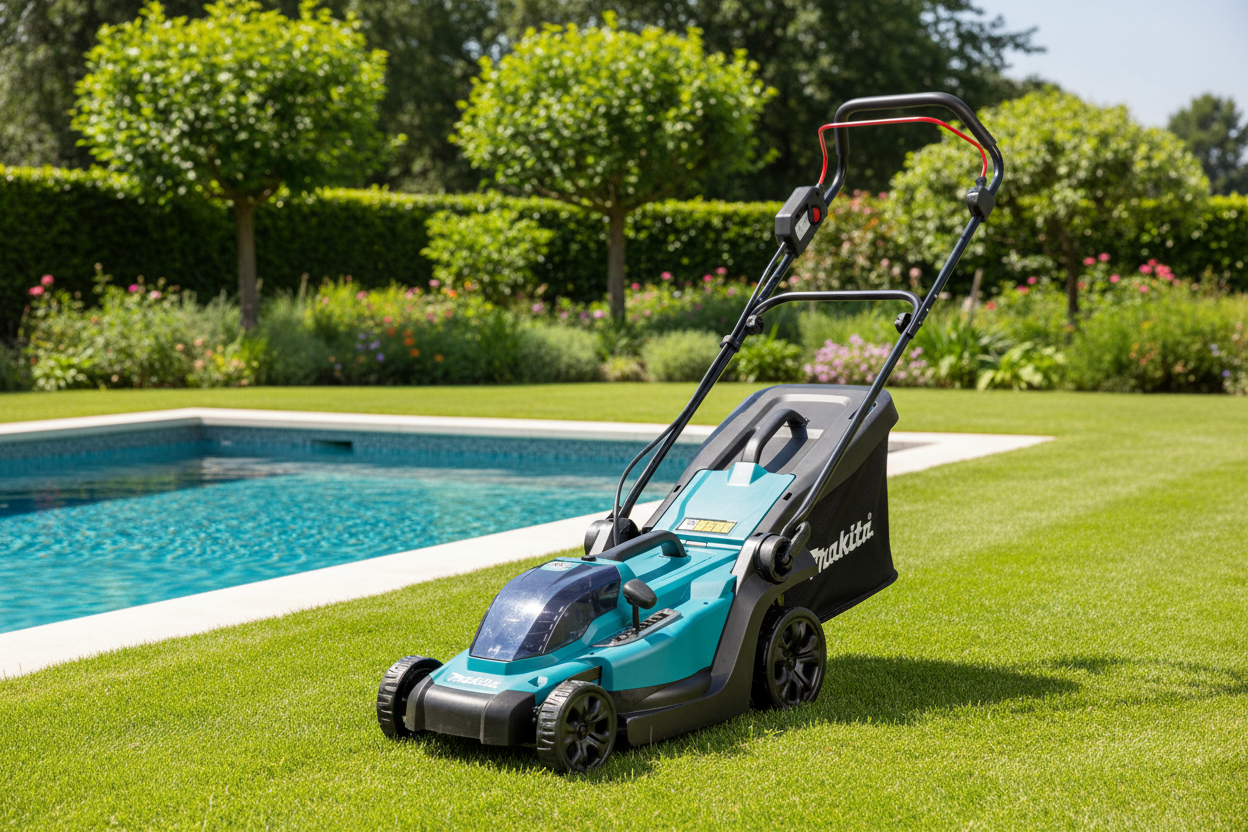 Makita DLM330Z neben Pool im Garten