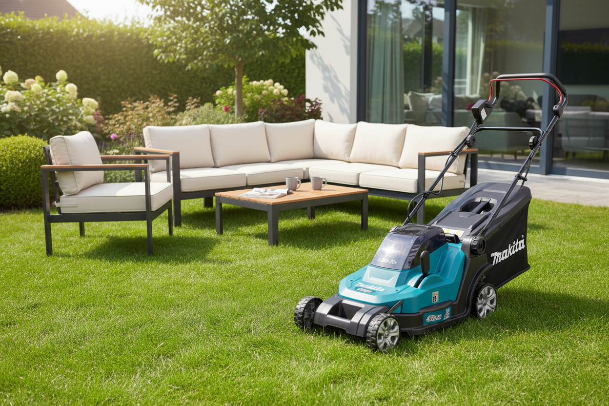 Makita DLM432Z neben Lounge im Garten